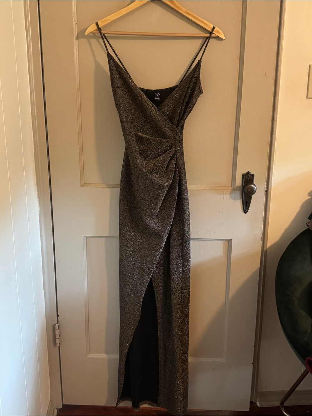 Metallic Wrap Maxi Dress with Spaghetti Straps